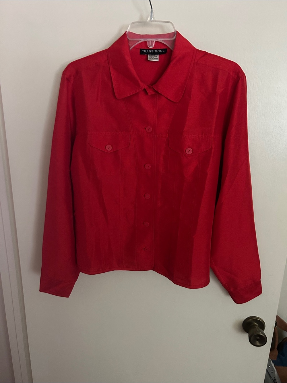 TRANSITIONS Women's Red Button-Front Blouse 100% Silk Long Sleeve